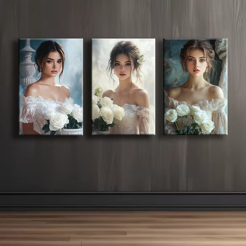 3pcs Elegant Girl with Bouquet Wall Art Set Canvas Framed 40x60cm - High Quality Print 100 % Australian Made Wall Canvas Ready to Hang