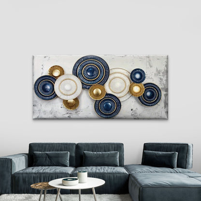 Blue and Golden Plates Wall Art Canvas Office Home Room Framed 120x60cm