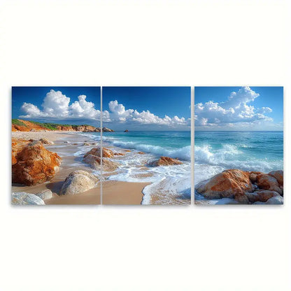3pcs Rocky Seascape Avoca Beach Australia Wall Art Set Canvas Framed 50x70cm - High Quality Print 100% Australian Made Wall Canvas Ready to Hang