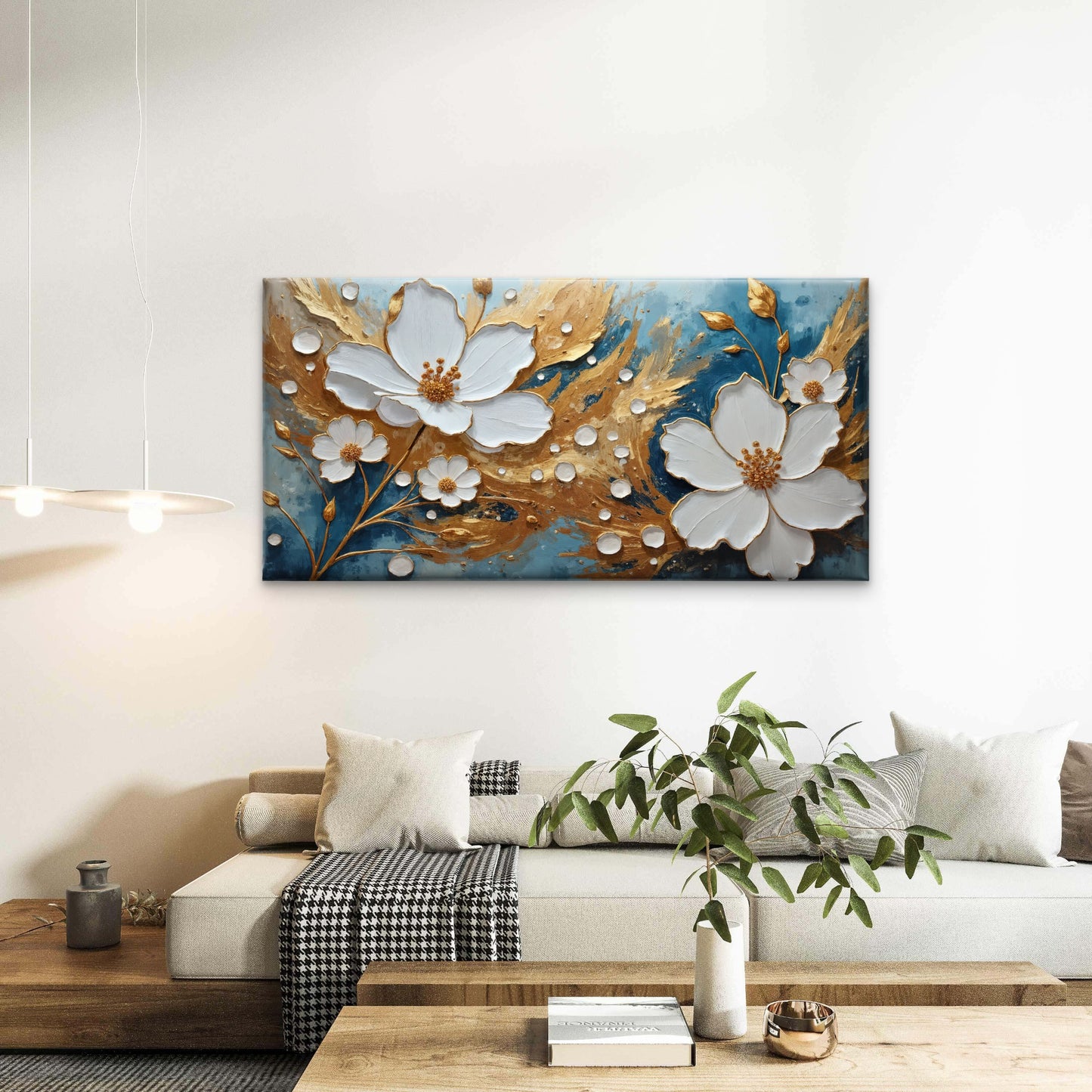 Modern Teal Gold Foil White Blossom Wall Art Canvas Office Home Framed 120x60cm