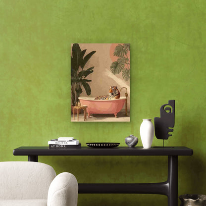 Stylish Tiger in a Pink Bathtub Metal Print Ready to Hang