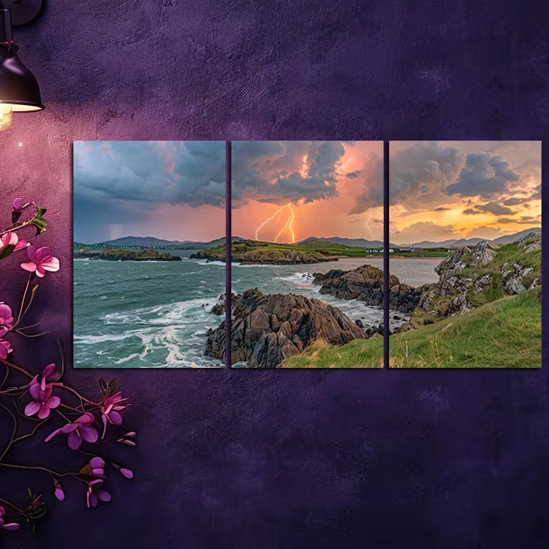 3pcs Stormy Coastline Illustration Wall Art Set Canvas Framed 40x60cm - High Quality Print 100% Australian Made Wall Canvas Ready to Hang