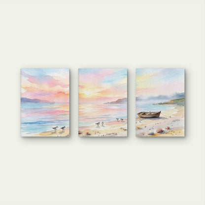 3pcs Pastel Watercolor Beach Sunset Boat Wall Art Set Canvas Framed 50x70cm - High Quality Print 100% Australian Made Wall Canvas Ready to Hang - Bella Home Decor