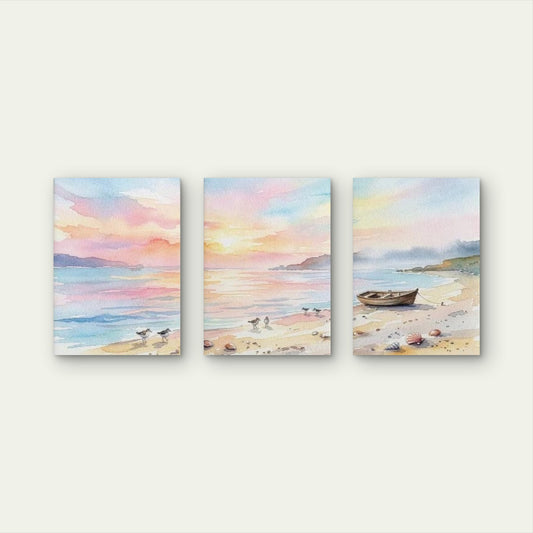 3pcs Pastel Watercolor Beach Sunset Boat Wall Art Set Canvas Framed 50x70cm - High Quality Print 100% Australian Made Wall Canvas Ready to Hang - Bella Home Decor