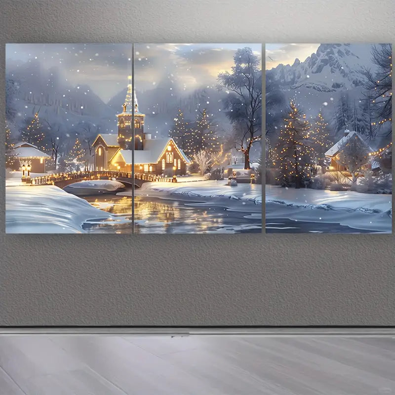 3pcs Snow Crapped City Light Metal Print Ready to Hang Art