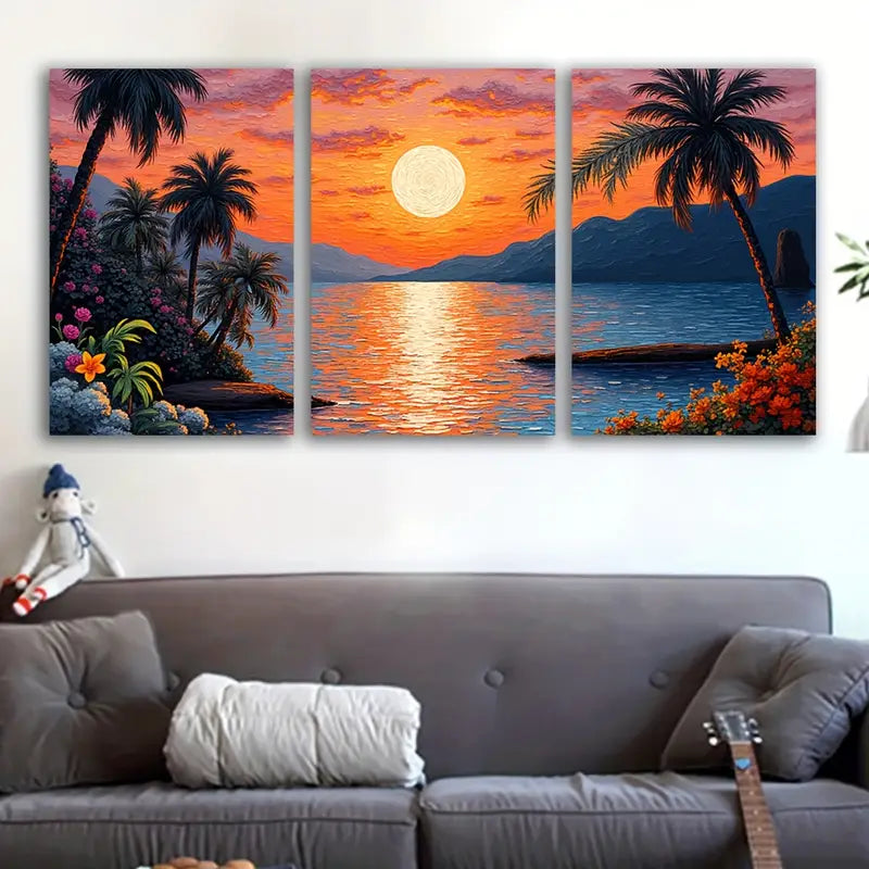 3pcs Tropical Sunset Beach Scene Wall Art Set Canvas Framed 60x90cm - High Quality Print 100% Australian Made Wall Canvas Ready to Hang