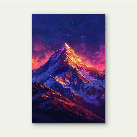 Purple Neon Mountain Peak Starry Art 40x60cm Metal Print Ready to Hang