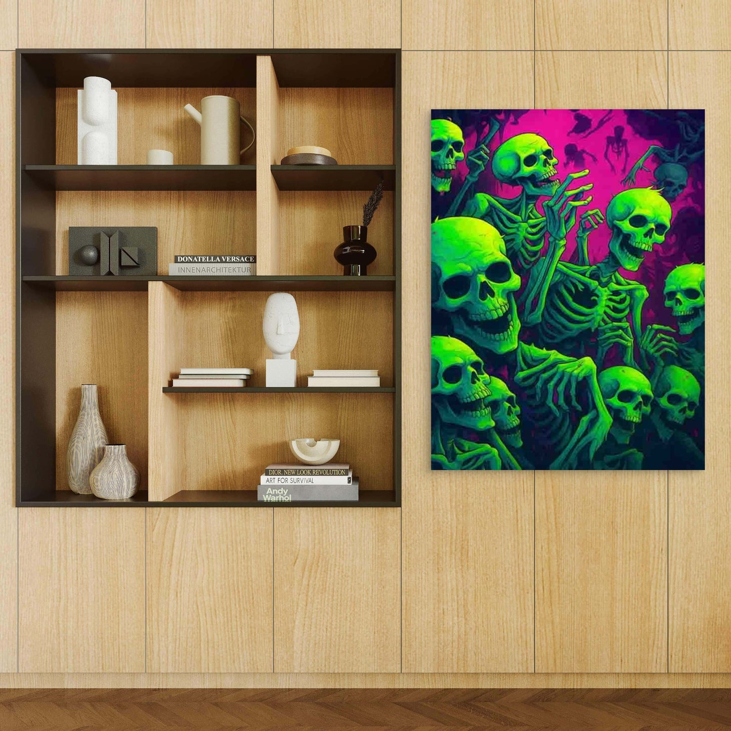 Retro Glowing Skeletons 40x60cm Metal Print Ready to Hang - Bella Home Decor