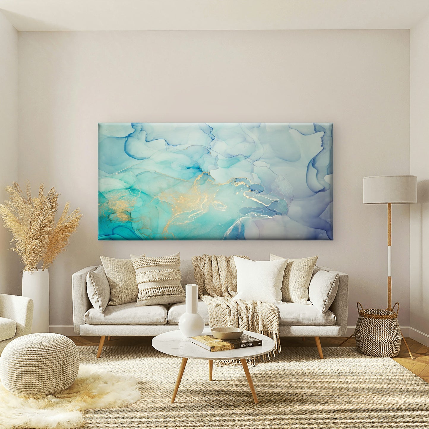 Turquoise Gold Alcohol Ink Wall Art Canvas Office Home Room Framed 120x60cm - Bella Home Decor