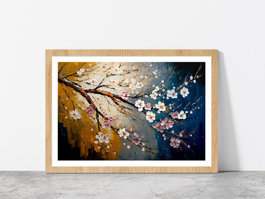 Cherry Blossom Oil Painting Glass Framed Wall Art, Ready to Hang Quality Print With White Border Oak