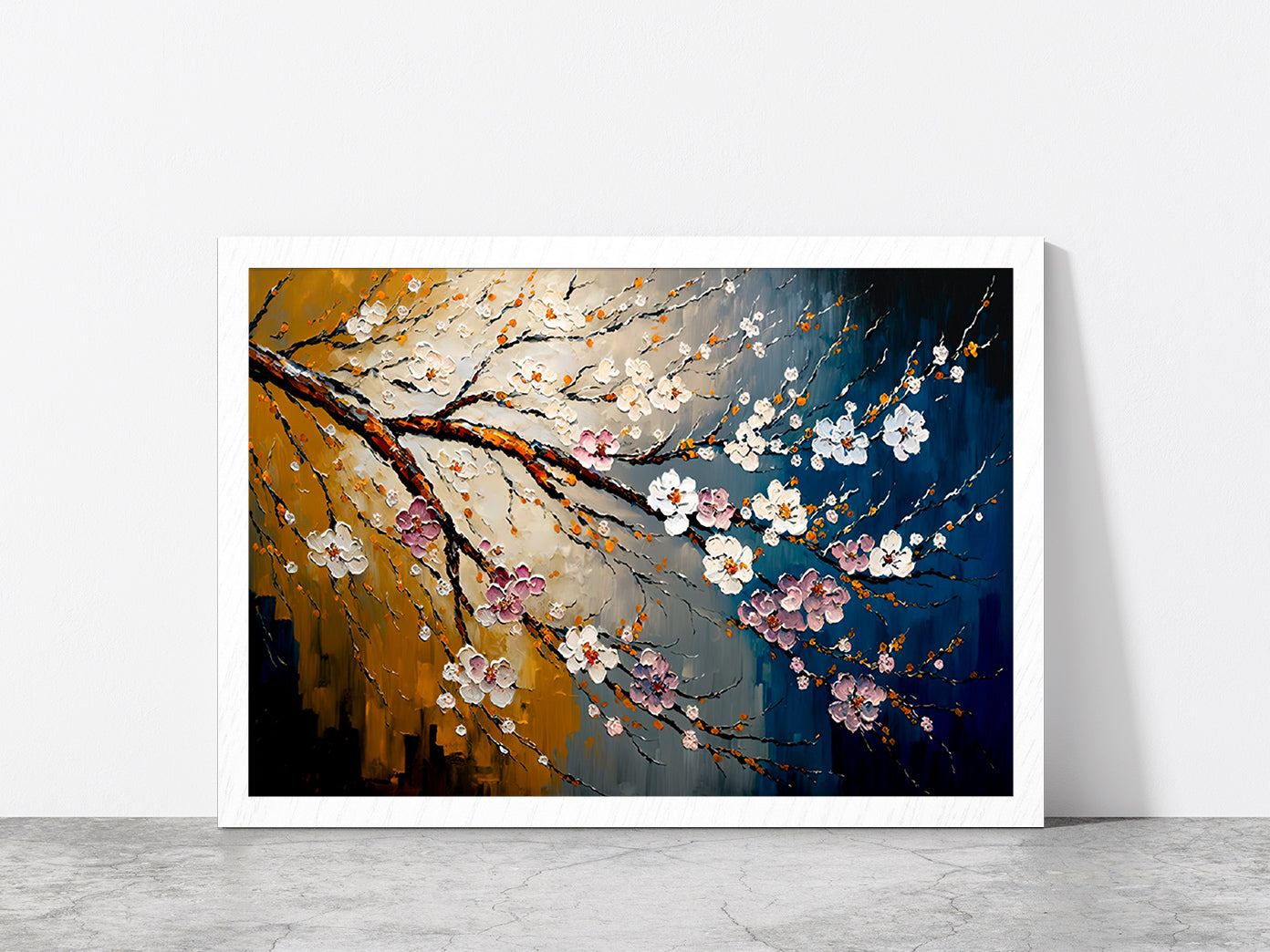 Cherry Blossom Oil Painting Glass Framed Wall Art, Ready to Hang Quality Print Without White Border White