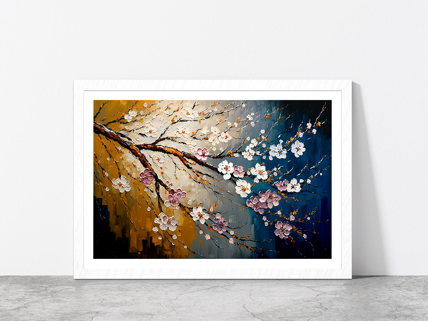 Cherry Blossom Oil Painting Glass Framed Wall Art, Ready to Hang Quality Print With White Border White