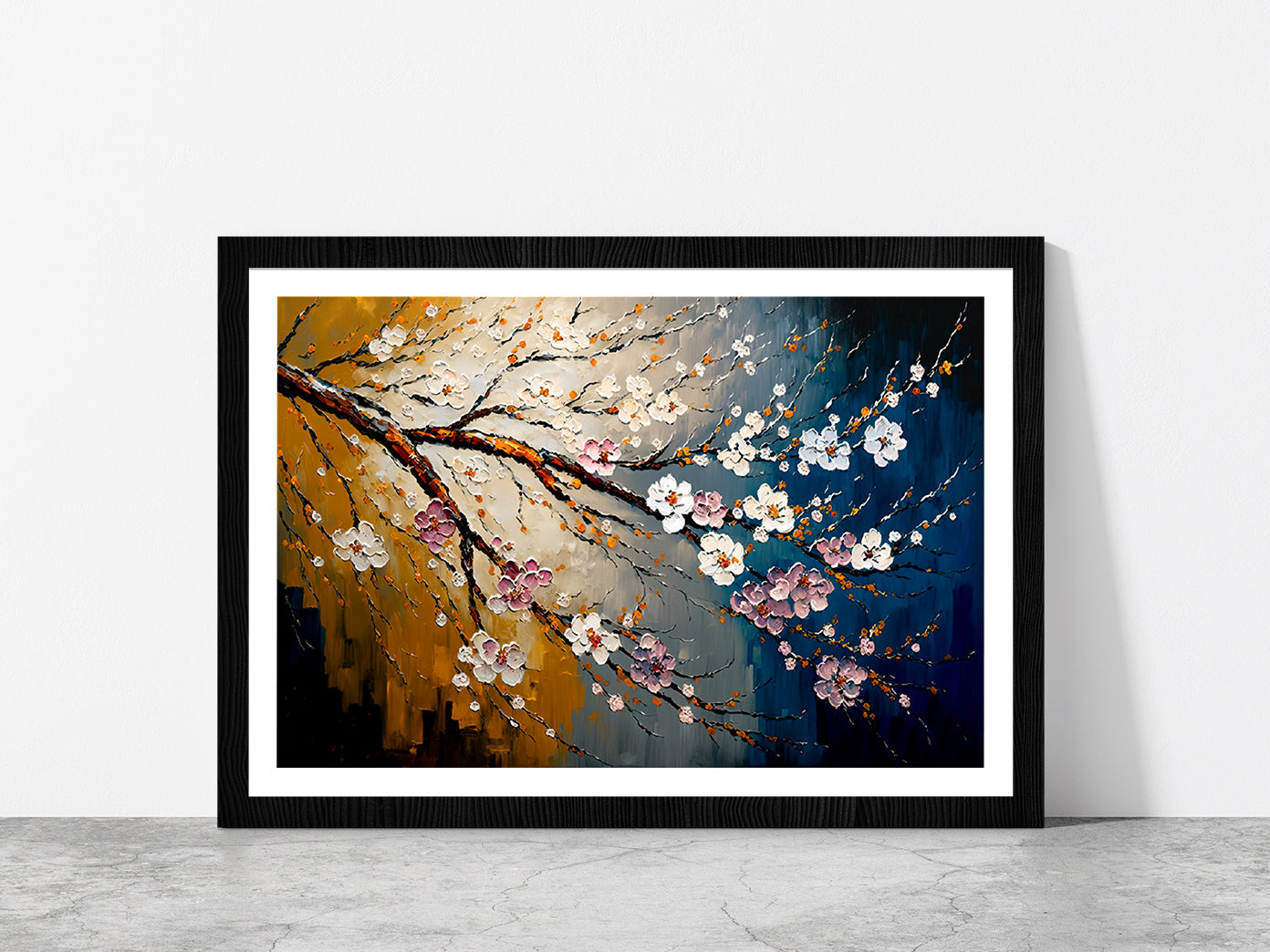 Cherry Blossom Oil Painting Glass Framed Wall Art, Ready to Hang Quality Print With White Border Black