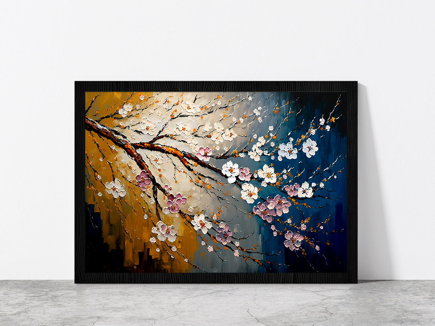 Cherry Blossom Oil Painting Glass Framed Wall Art, Ready to Hang Quality Print Without White Border Black