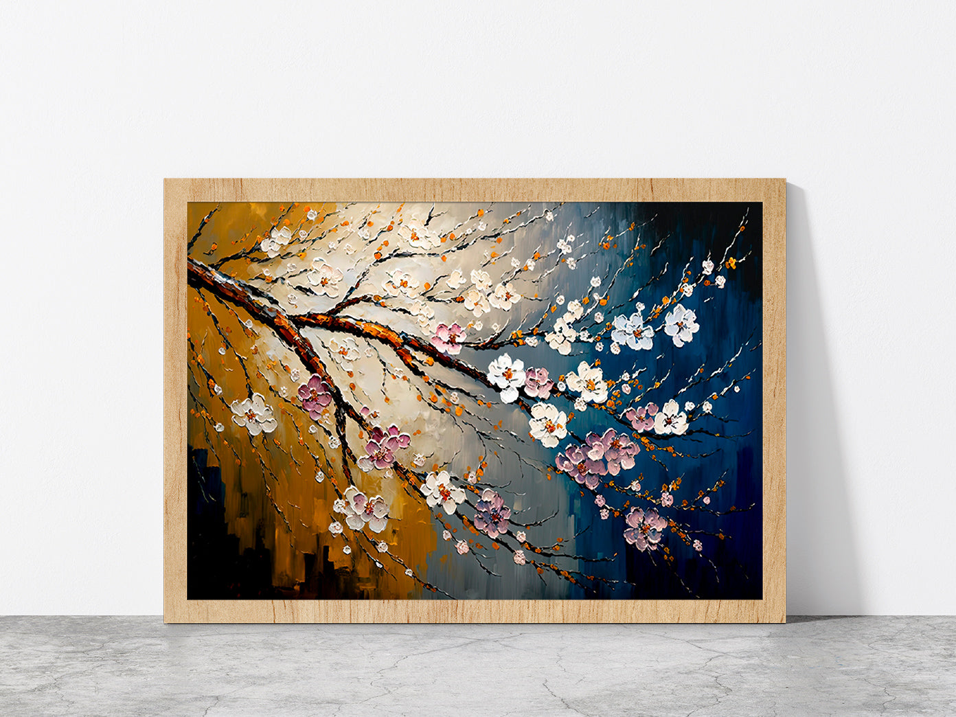 Cherry Blossom Oil Painting Glass Framed Wall Art, Ready to Hang Quality Print Without White Border Oak