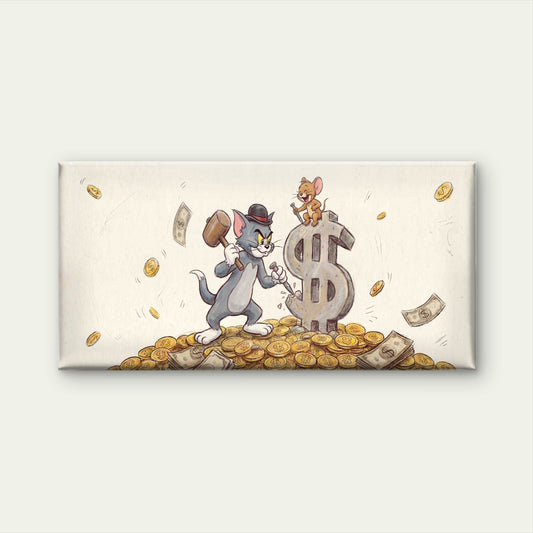 Cat & Rat Golden Coin Hammer Wall Art Canvas Office Home Room Framed 120x60cm - Bella Home Decor