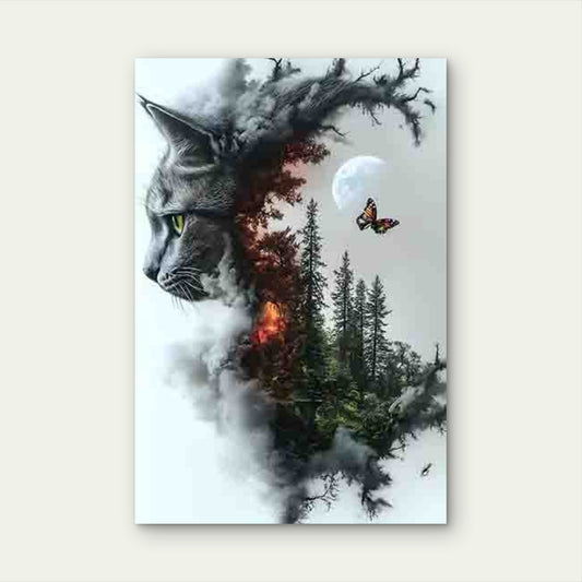 Cat and Forest Fusion Art with Butterflies 60x90cm Metal Print Ready to Hang
