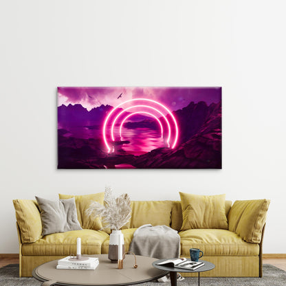 Glowing Rings in Neon Sea Wall Art Canvas Office Home Room Framed 120x60cm - Bella Home Decor