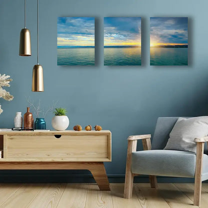 3pcs Dawn Above Sea & Blue Sky Stretched Metal Print Ready to Hang Art - Bella Home Decor