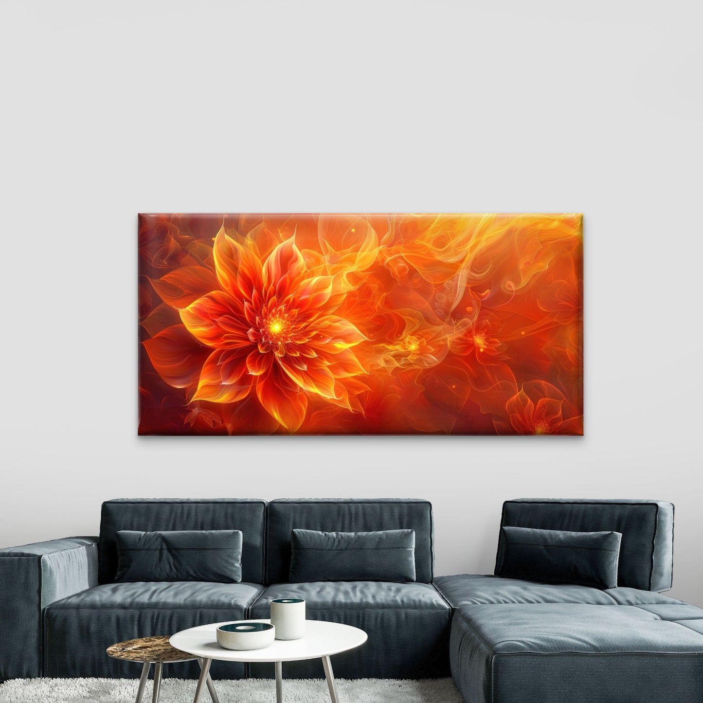 Vibrant Orange Fire Floral Wall Art Canvas Office Home Room Framed 120x60cm