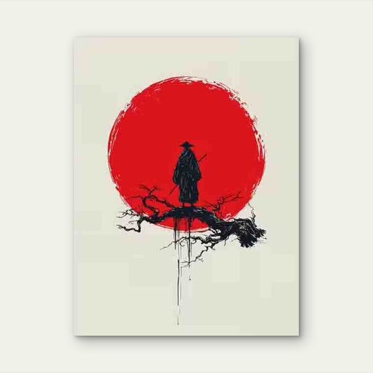 Minimalist Zen Japanese Warrior And Red Sun Metal 40x60cm Print Ready to Hang