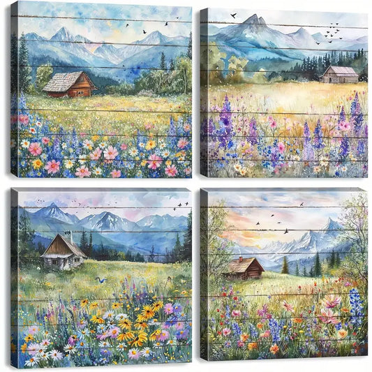4pcs Vibrant Floral,Featuring Nature Wall Art Canvas Framed