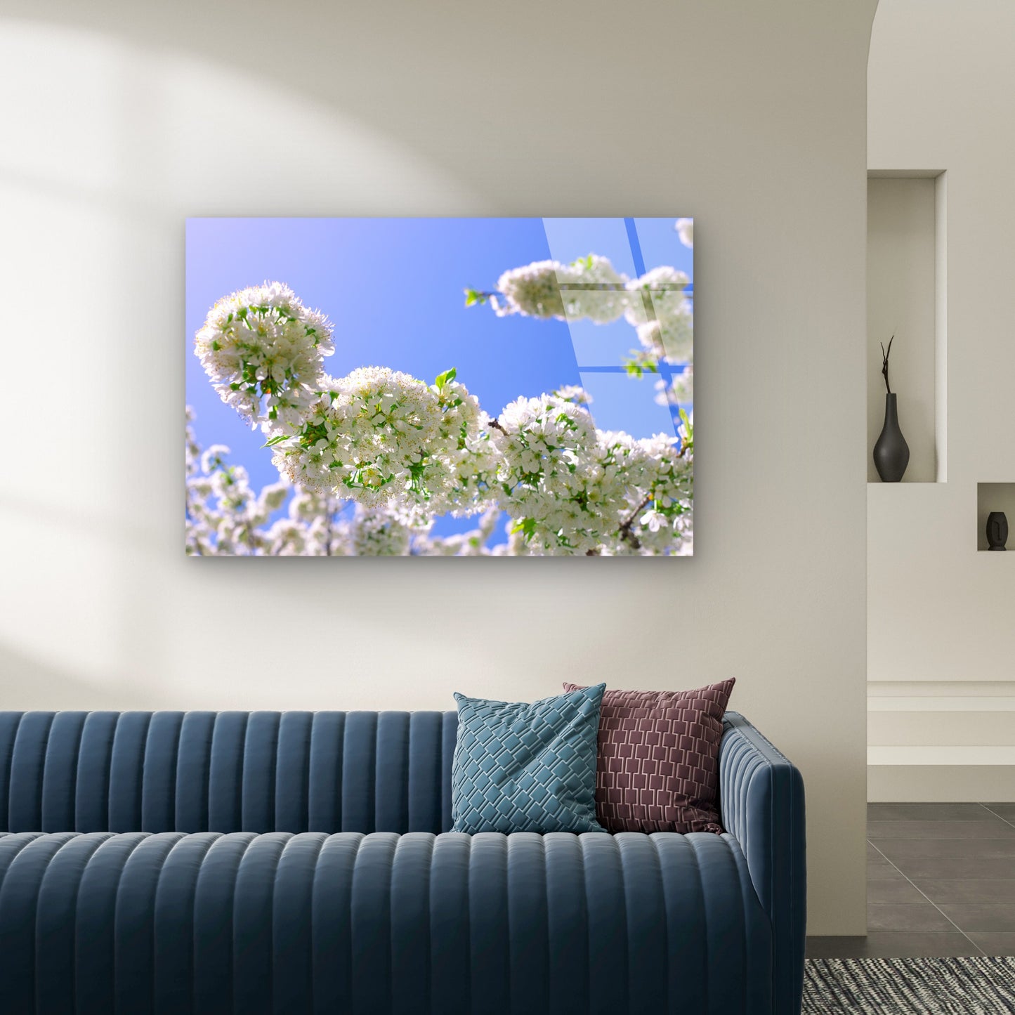 Blooming White Cherry Blossom Flowers Against Clear Blue Sky Spring Nature Acrylic Glass Printing Wall Art Australian Made Quality