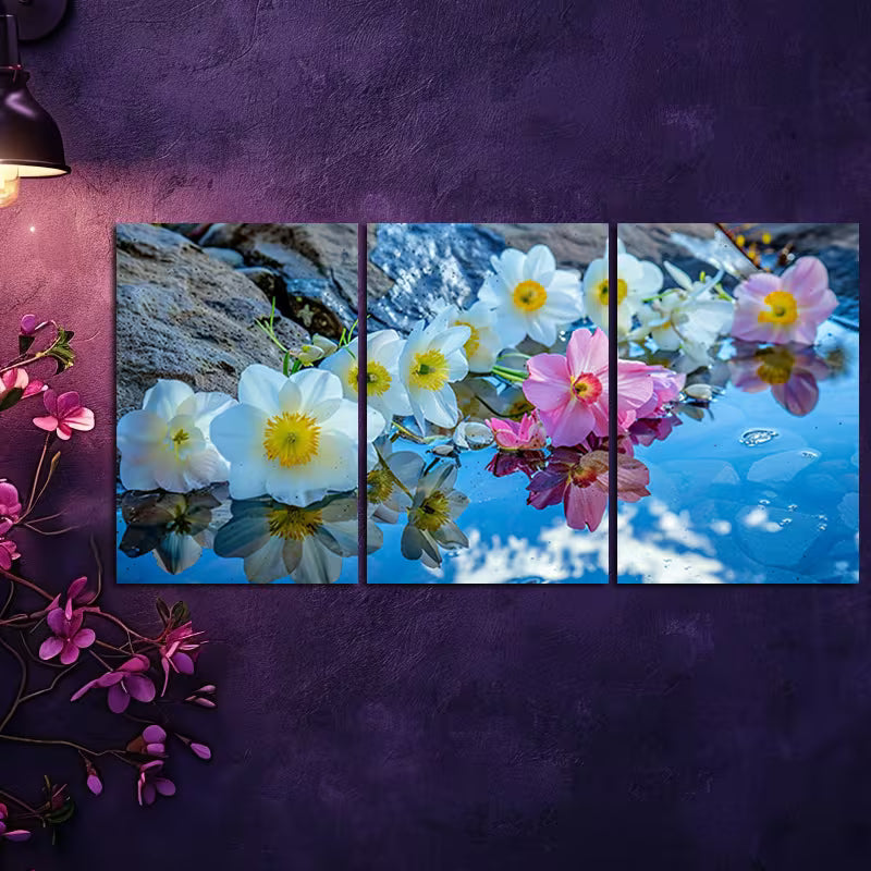 3pcs Design with Pink Blooms & White Flowers Wall Art Set Canvas Framed 50x70cm - High Quality Print 100% Australian Made Wall Canvas Ready to Hang - Bella Home Decor
