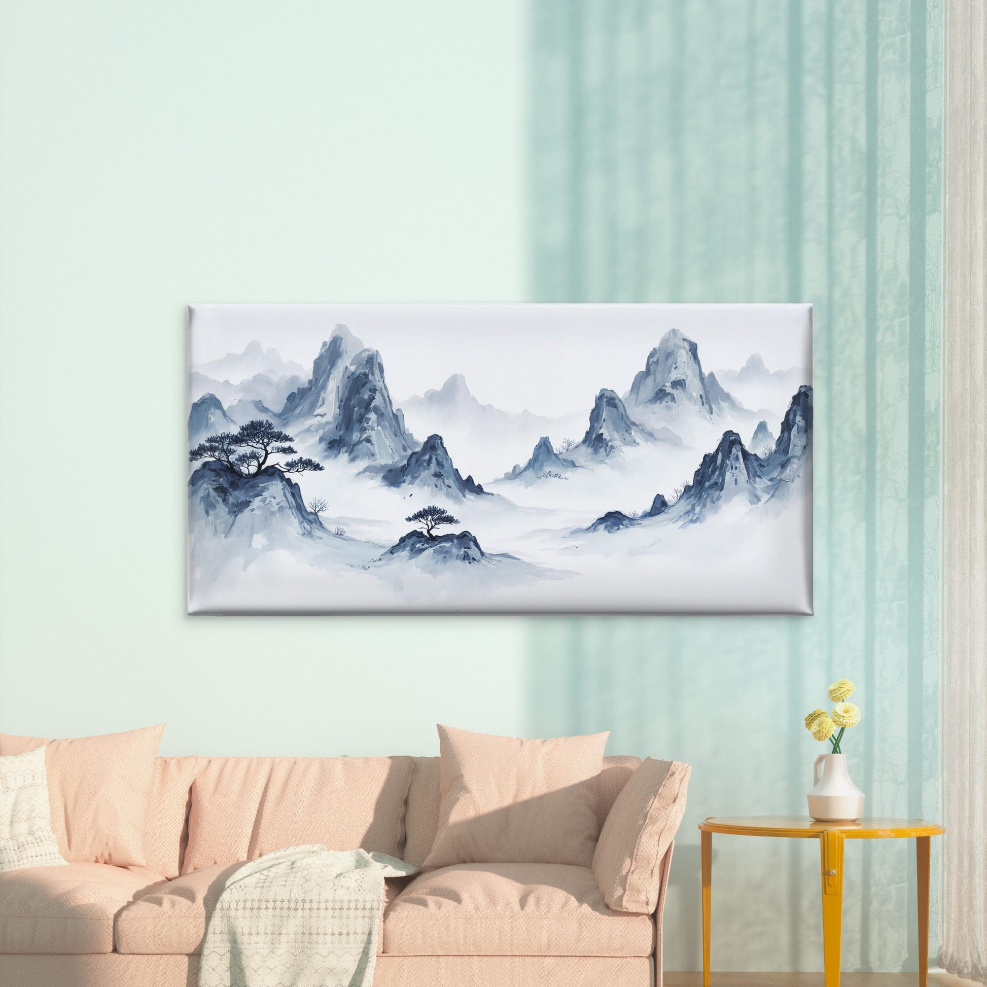 Misty Ink Mountain Landscape Wall Art Canvas Office Home Room Framed 120x60cm - Bella Home Decor