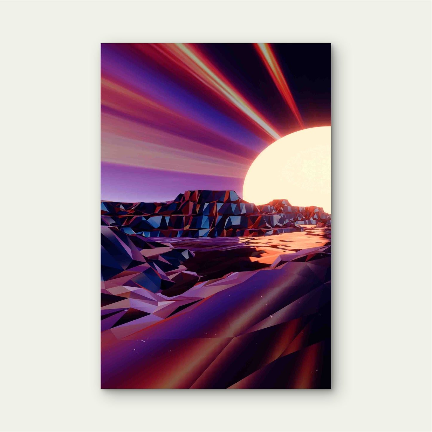 Retro Synthwave Low-Poly Desert Sunset 60x90cm Metal Print Ready to Hang - Bella Home Decor