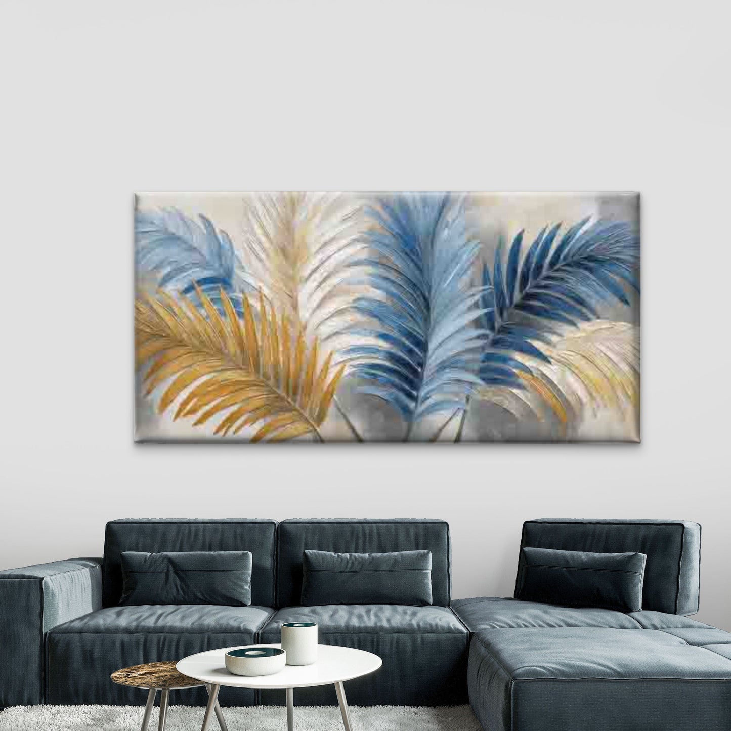 Blue Golden Tropical Palm Leaf Wall Art Canvas Office Home Room Framed 120x60cm
