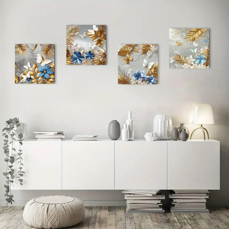 4pcs  Elegant Golden Leaves & Butterflies, Wall Art Canvas Framed