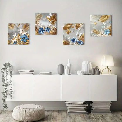 4pcs  Elegant Golden Leaves & Butterflies, Wall Art Canvas Framed