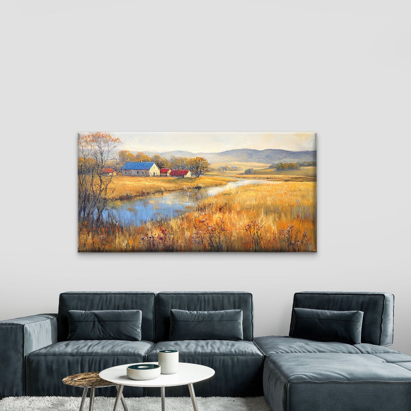 Golden Fields Near Farm Wall Art Canvas Office Home Room Framed 120x60cm - Bella Home Decor