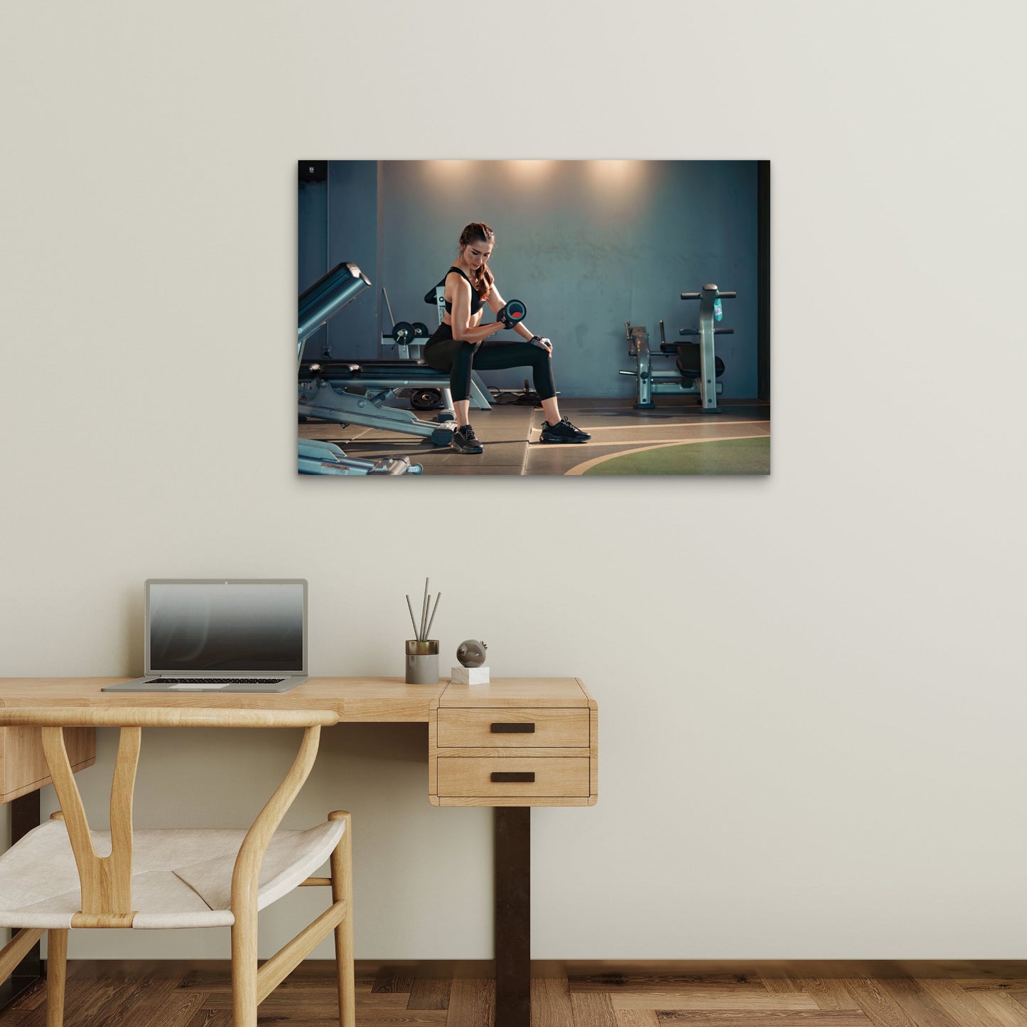 Female Athlete Doing Seated Dumbbell Bicep Curl Gym Fitness 5mm thick Plastic Poster Ready to Hang 90x60cm
