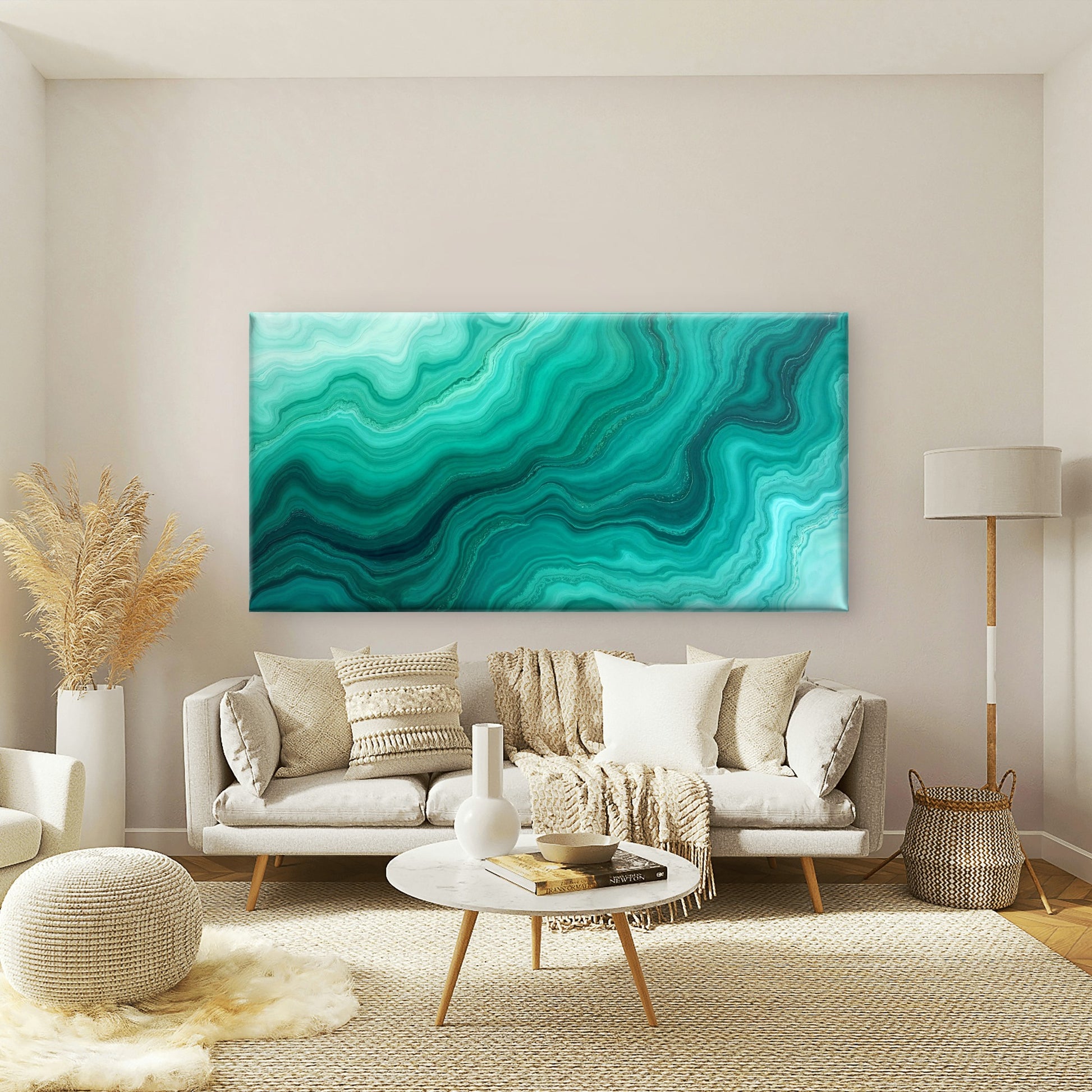Emerald Teal Marble Waves Wall Art Canvas Office Home Room Framed 120x60cm - Bella Home Decor