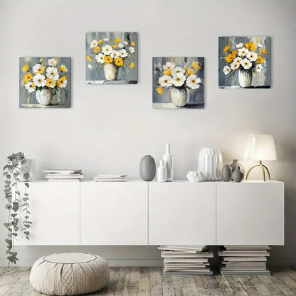 4pcs White & Yellow Botanical Decor Wall Art Canvas Framed