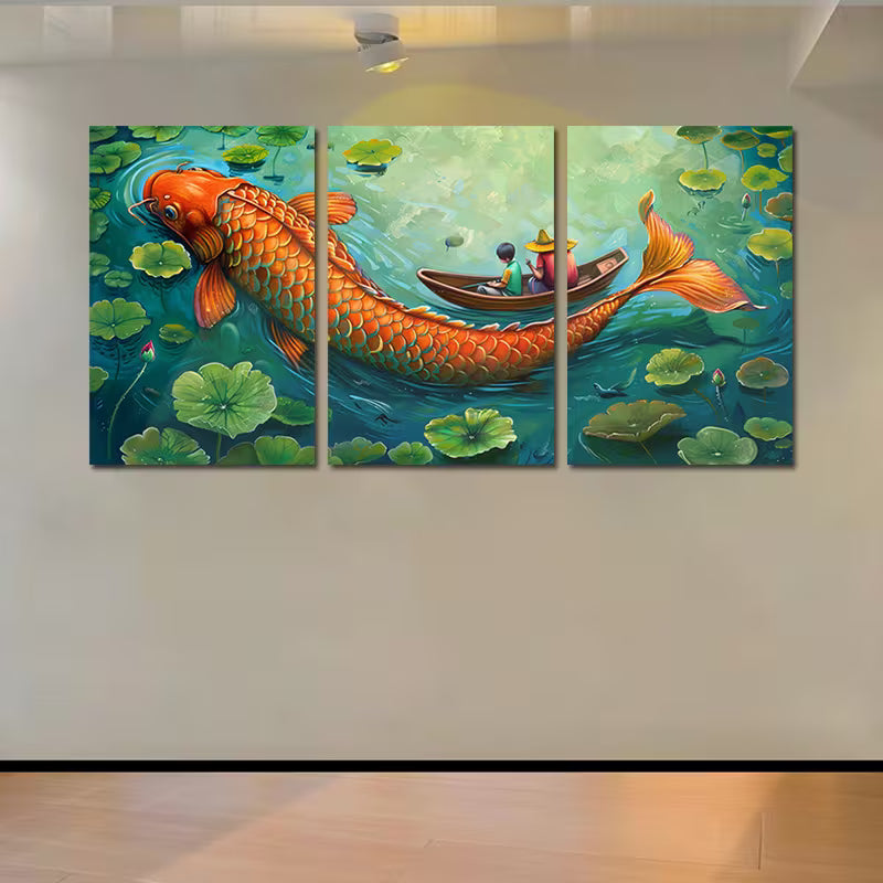 3pcs Serene Lake Scene with Koi Fish and Lotus Wall Art Set Canvas Framed 50x70cm - High Quality Print 100% Australian Made Wall Canvas Ready to Hang