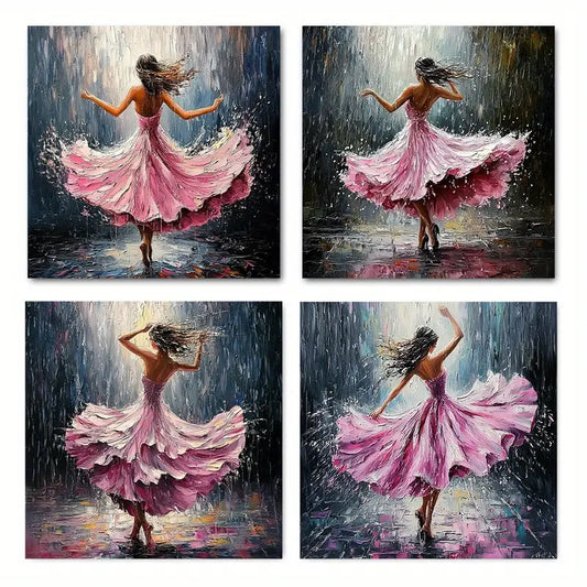 4pcs Vintage Style Girl Dancining Wall Art Canvas Framed