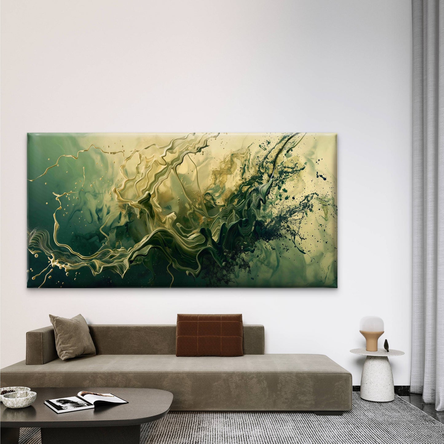 Abstract Green Gold Swirling Wall Art Canvas Office Home Room Framed 120x60cm