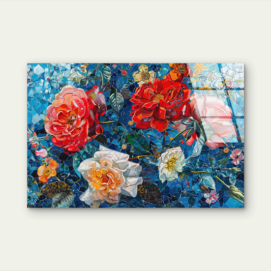 Mosaic Red Rose Floral Pattern Acrylic Glass Printing Wall Art Australian Made Quality