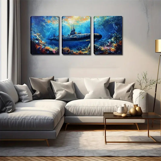 3pcs Submarine in Deep Sea Wall Art Set Canvas Framed 40x60cm - High Quality Print 100% Australian Made Wall Canvas Ready to Hang