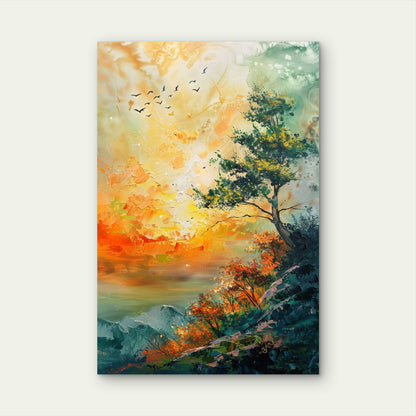 Abstract Oil Palette Knife Sunset Tree 40x60cm Metal Print Ready to Hang