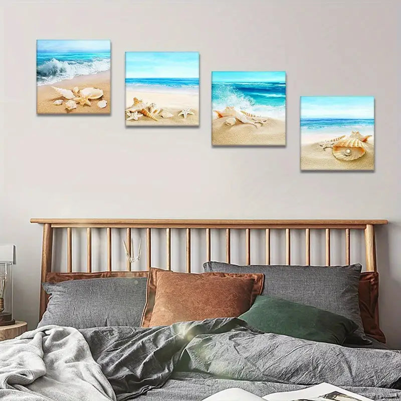 4pcs Seashell Picture Painting Wall Art Canvas Framed