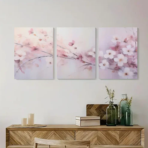 3pcs Blush Pink & Lavender Floral Painting Triptych Dreamy Wall Art Set Canvas Unframed - High Quality Print 100% Australian Made Wall Canvas - Bella Home Decor