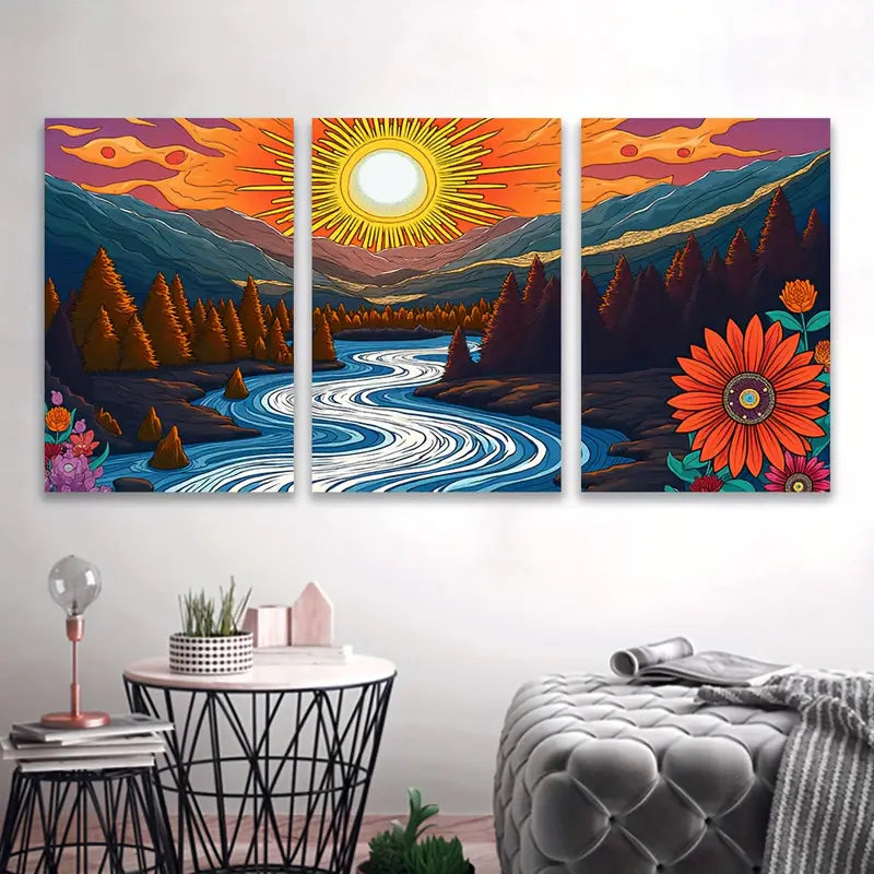 3pcs Vibrant River Sunset Nature Landscape Wall Art Set Canvas Framed 50x70cm - High Quality Print 100% Australian Made Wall Canvas Ready to Hang