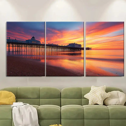 3pcs Brighton West Pier Sunset England Coastal Wall Art Set Canvas Framed 40x60cm - High Quality Print 100% Australian Made Wall Canvas Ready to Hang - Bella Home Decor