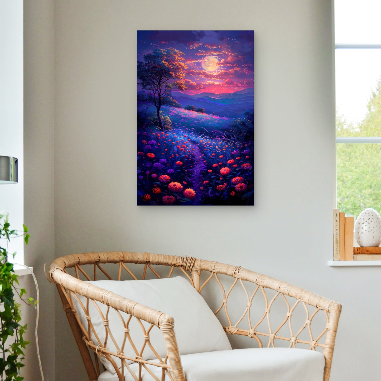 Magical Moonlit Meadow Floral Vibrant Purple Orange 40x60cm Metal Print Ready to Hang