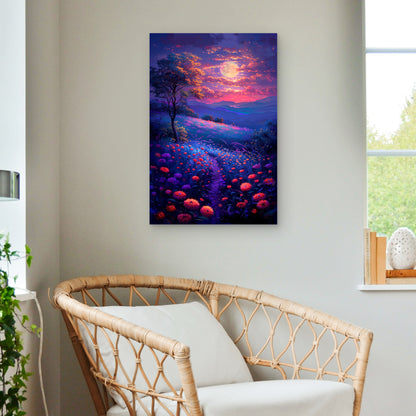 Magical Moonlit Meadow Floral Vibrant Purple Orange 40x60cm Metal Print Ready to Hang