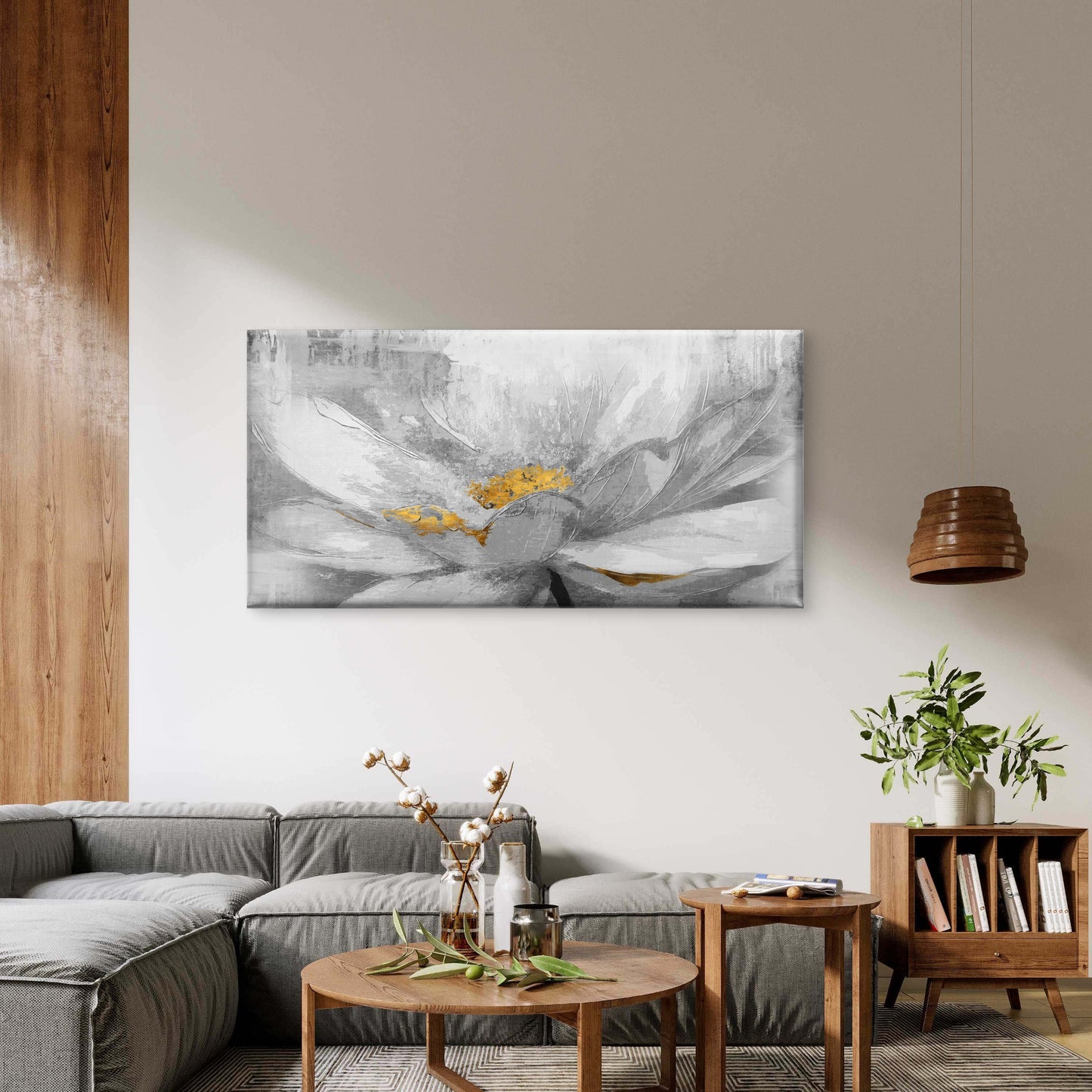 Abstract White Lotus Gold Flower Wall Art Canvas Office Home Framed 120x60cm